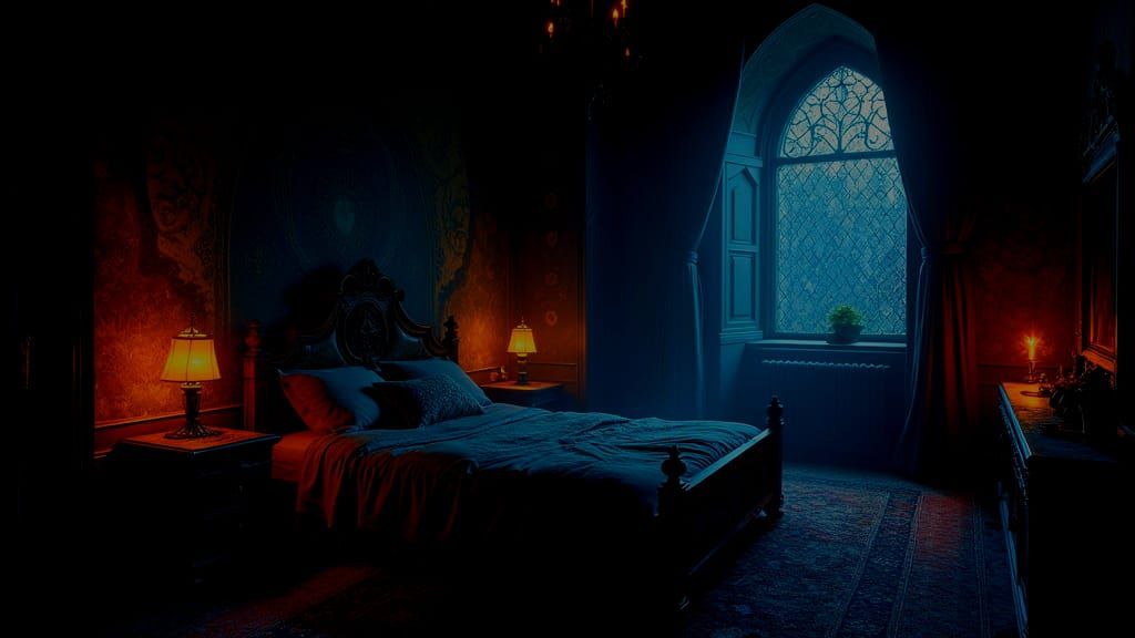 Cozy Dark Bedroom at Night: Detailed Matte Painting