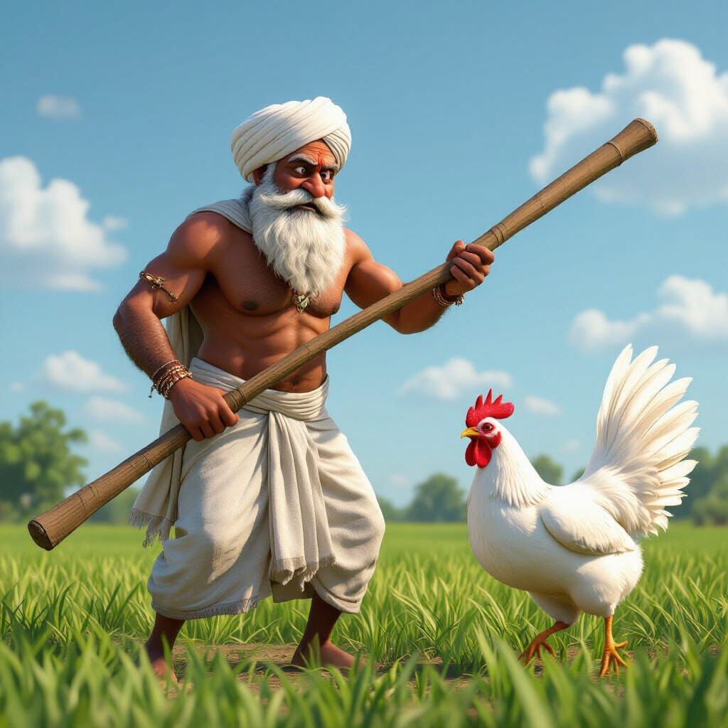 Muscular Old Indian Farmer Fights Giant Hen in Farm