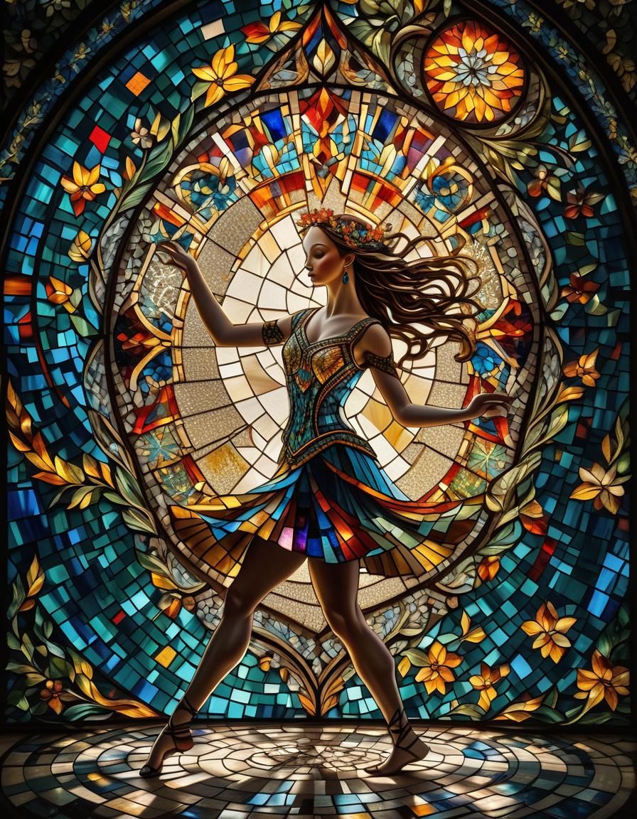 Colorful Stained Glass Mosaic of Dancing Girl