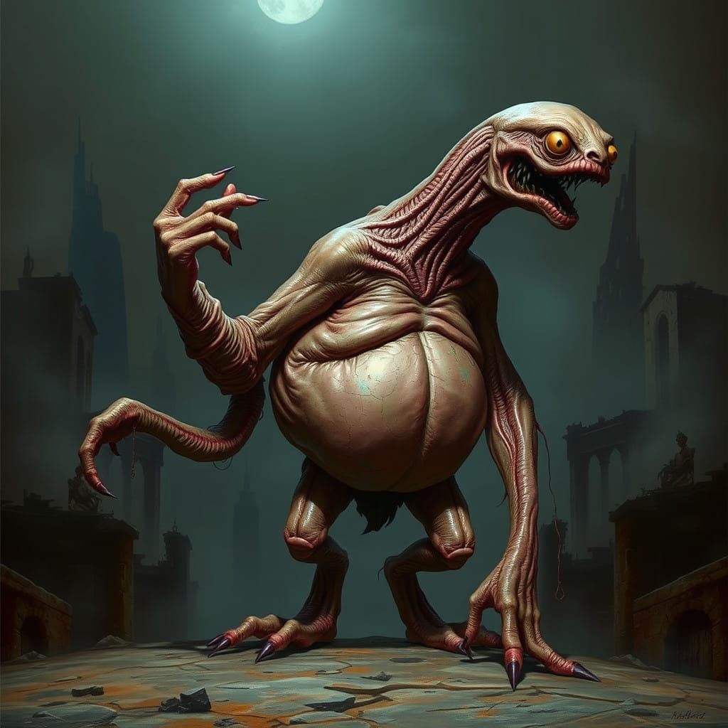 Grotesque, Humanoid Abomination in Dark Cityscape