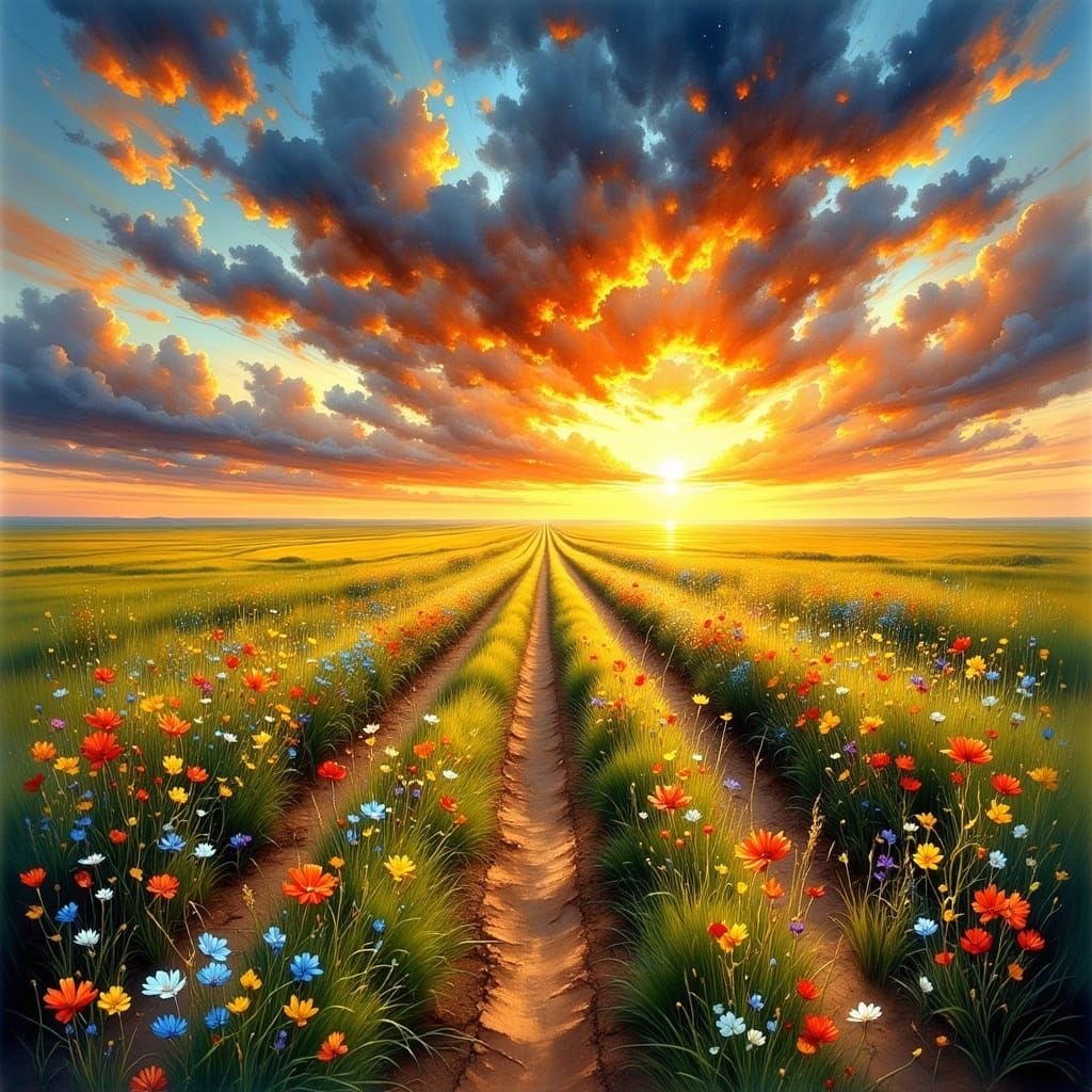 Kansas Highway Sunset with Colorful Flowers