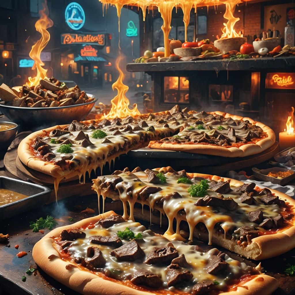 Surreal Cheesesteak Pizza in Beksiński Foodscape