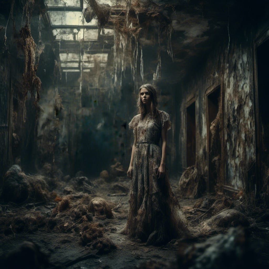 Surreal Girl in Transparent Dress, Macabre Setting