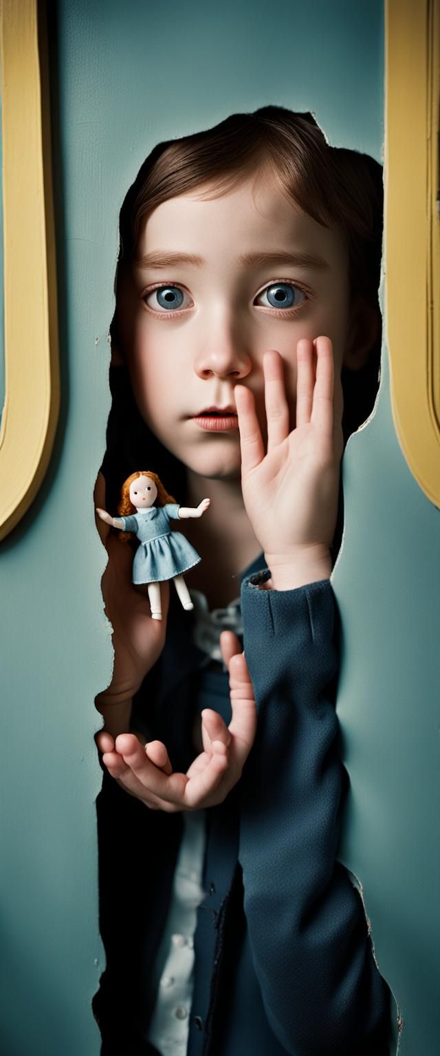 Surreal Giant Hand Reaching into Dollhouse: Kodachrome Photo