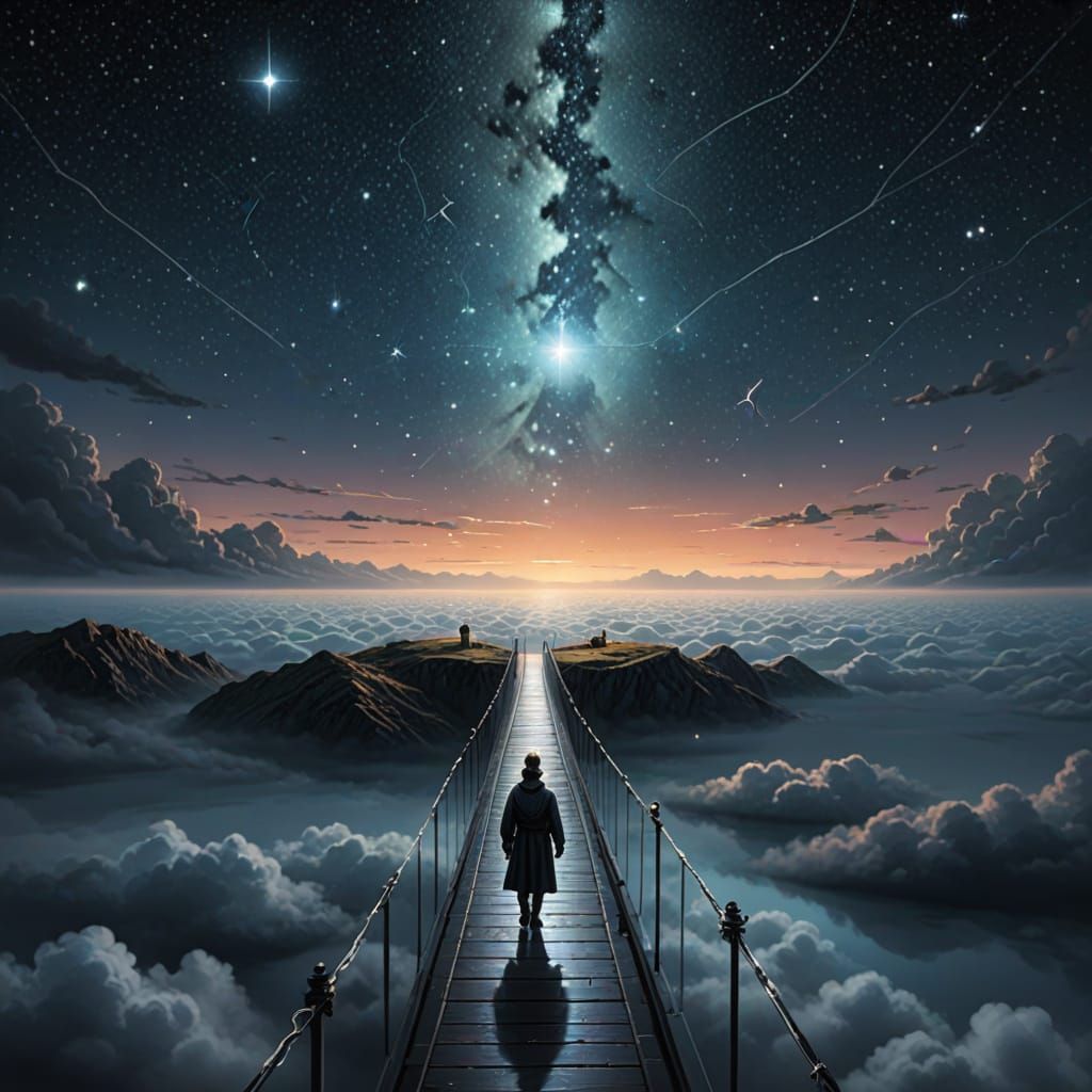 Glass Bridge Over Cloud Ocean With Constellations