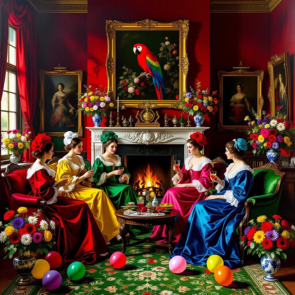 Baroque Oil Painting of Women in Opulent Room