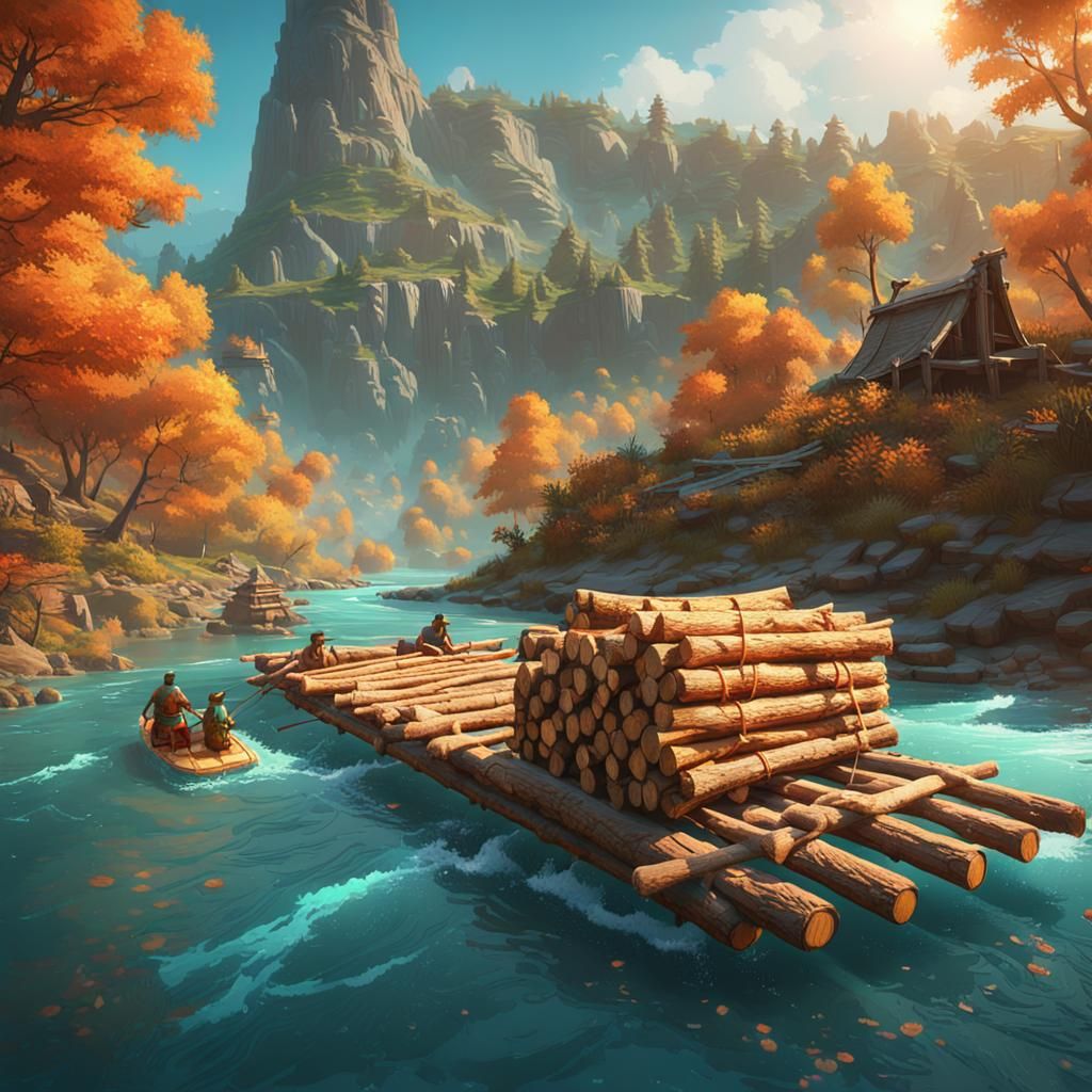 Log Raft on River: Japanese-Inspired Concept Art