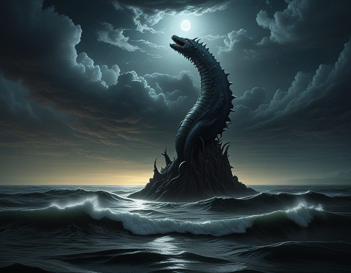 Surrealistic Night Sky Monster Rises in a Dark Eerie Landsca...