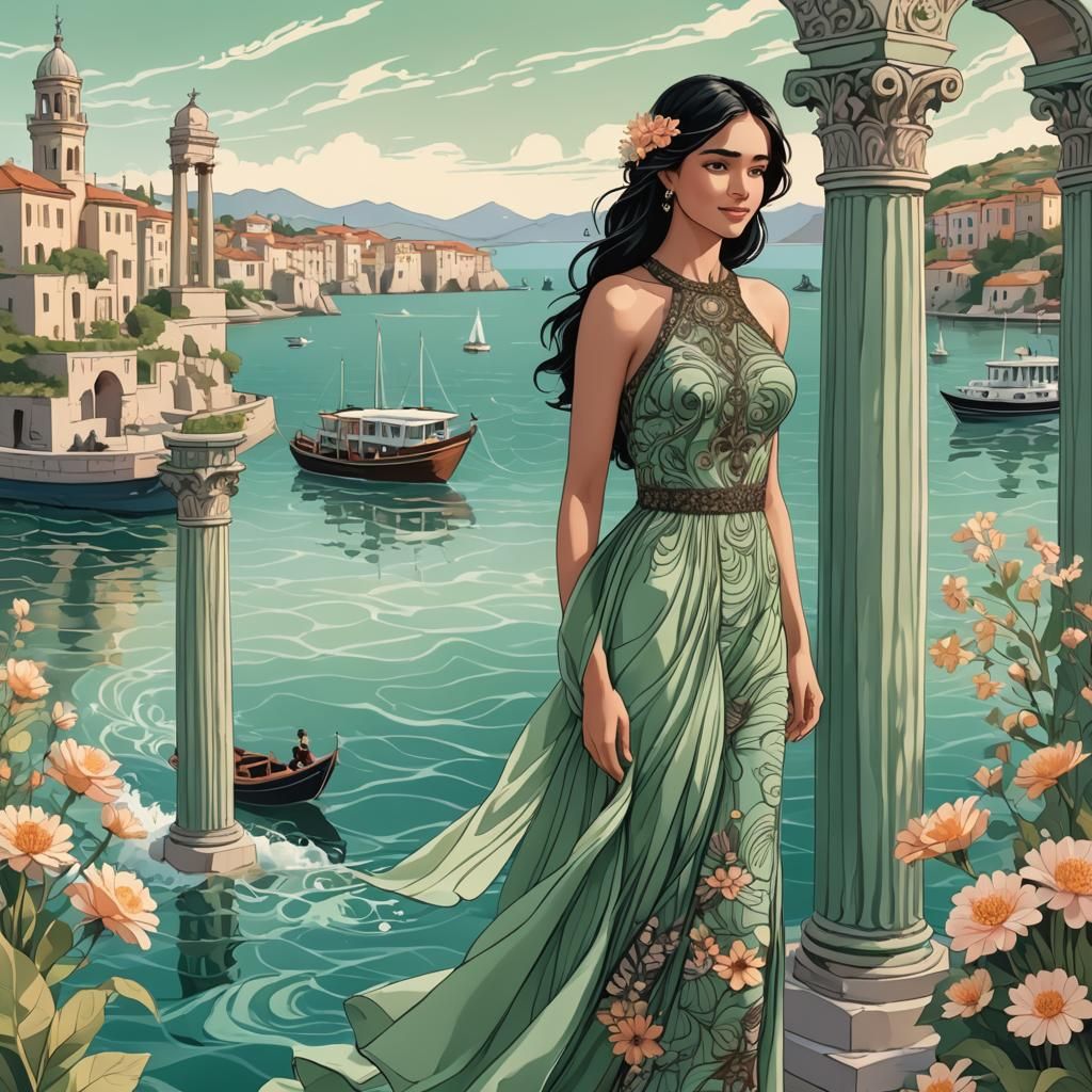 Girl in Silk Dress by Sea: Pastel Vector Art
