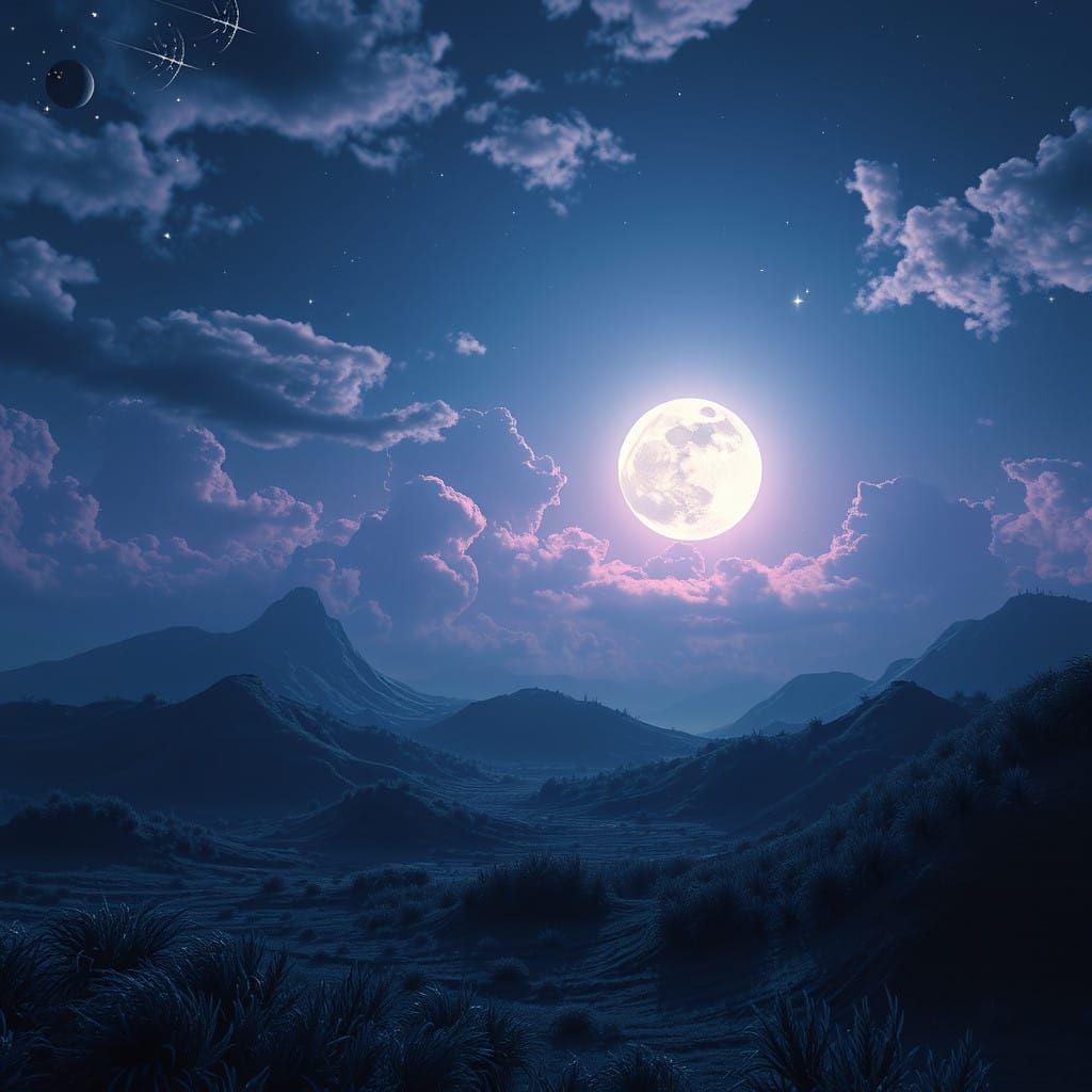 Dreamlike Moonlit Landscape in Vibrant, Ethereal Colors