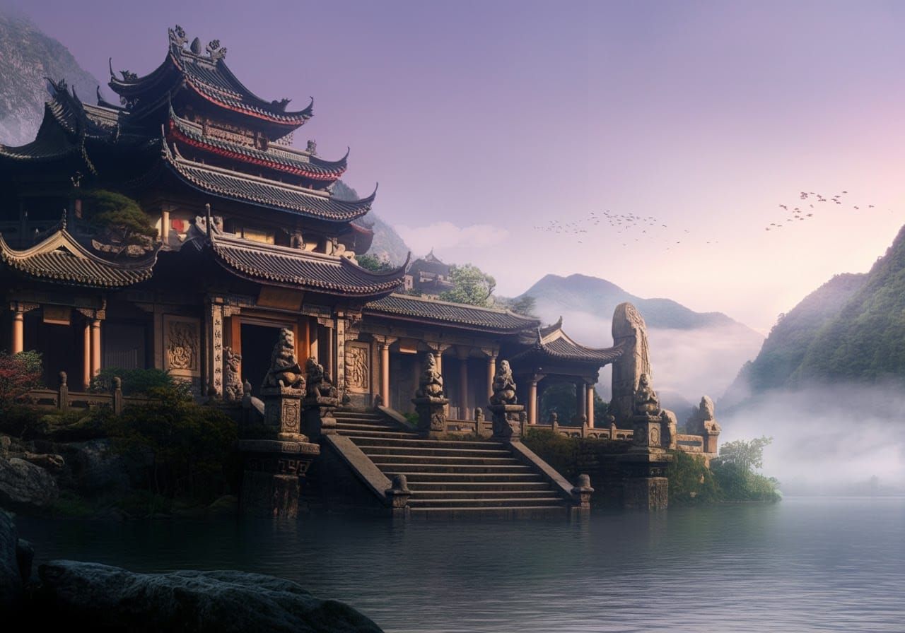 A serene Chinese temple stands gracefully on the lake's shore, surrounded by tranquil waters and lush greenery.