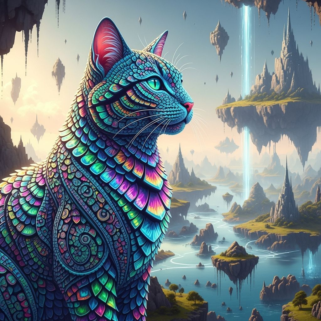 Fractal Cat in Kaleidoscopic Geometric Dreamscape
