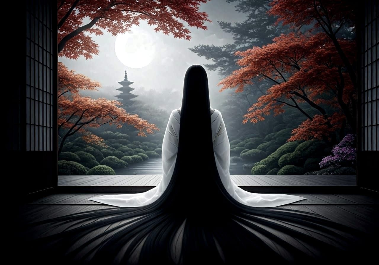 Ethereal Heian Noblewoman Under Autumn Mist