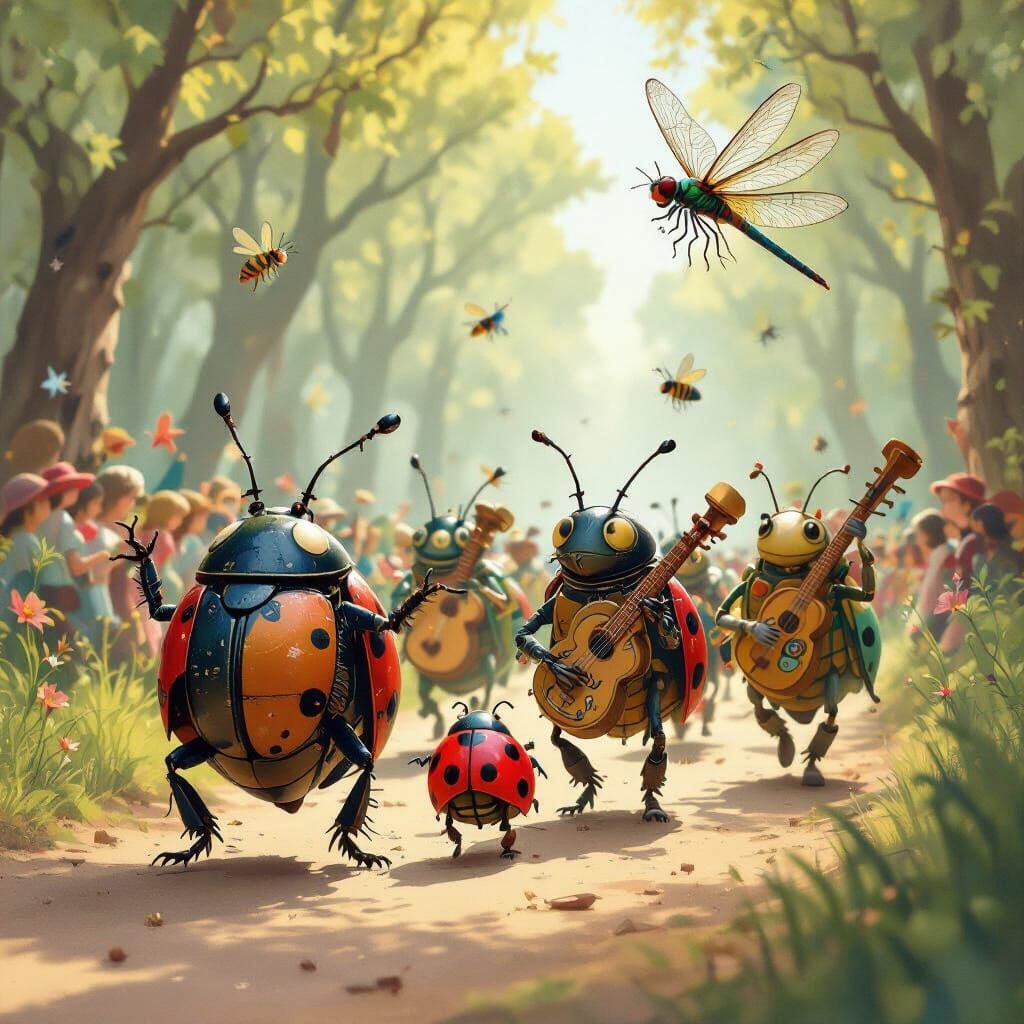 Insects Parade in Watercolor and Ink Style