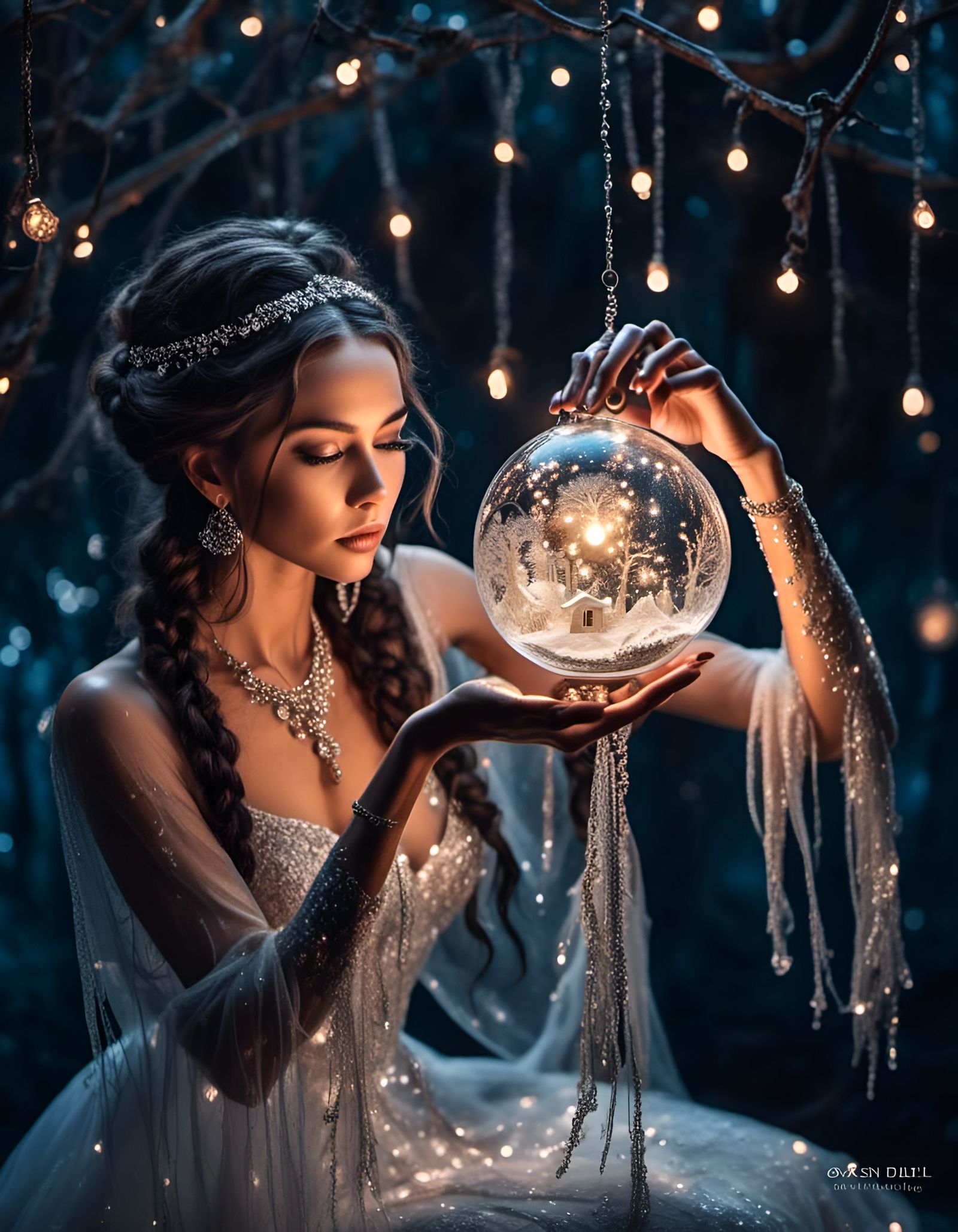 Gypsy Woman Gazing into Crystal Ball with Magic