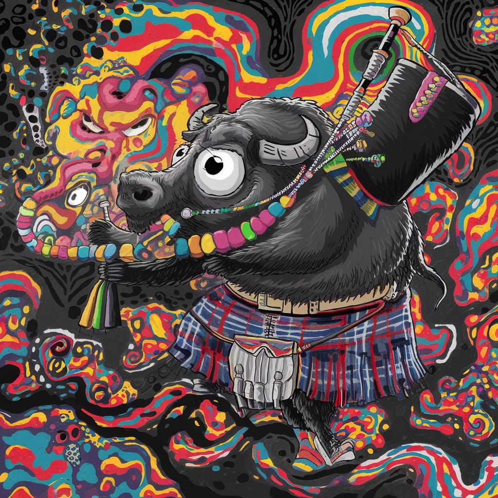 Buffalo Plays Bagpipes in Psychedelic Kilt