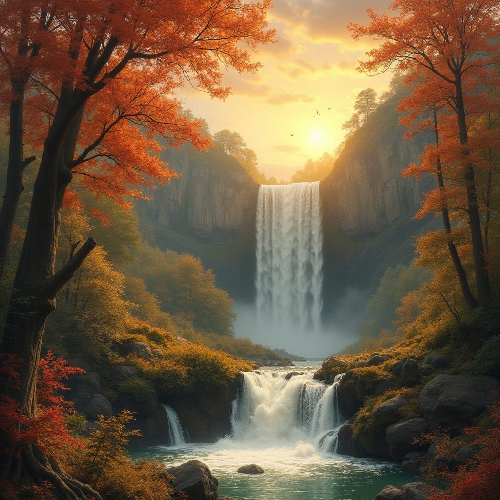 Autumn Sunset Waterfall on Ancient Parchment