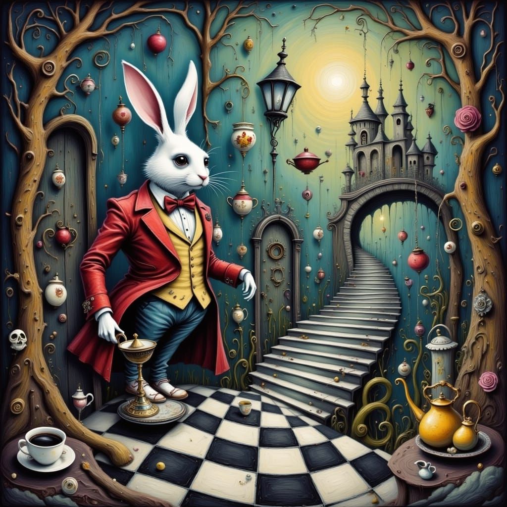 White Rabbit's Descent: A Gothic Fantasy Illustration