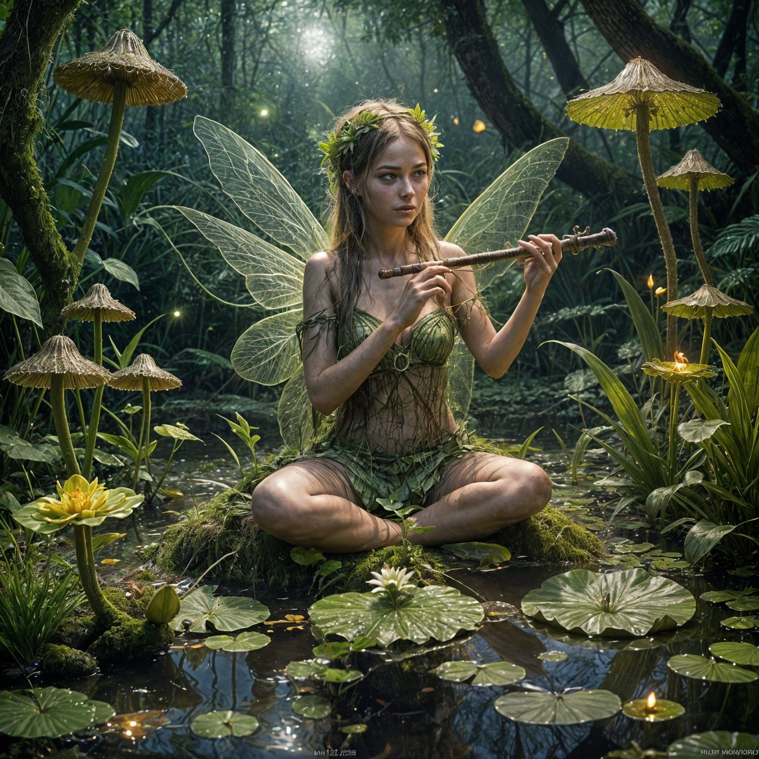 Swamp Fairy Playing Flute in Bioluminescent Swamp