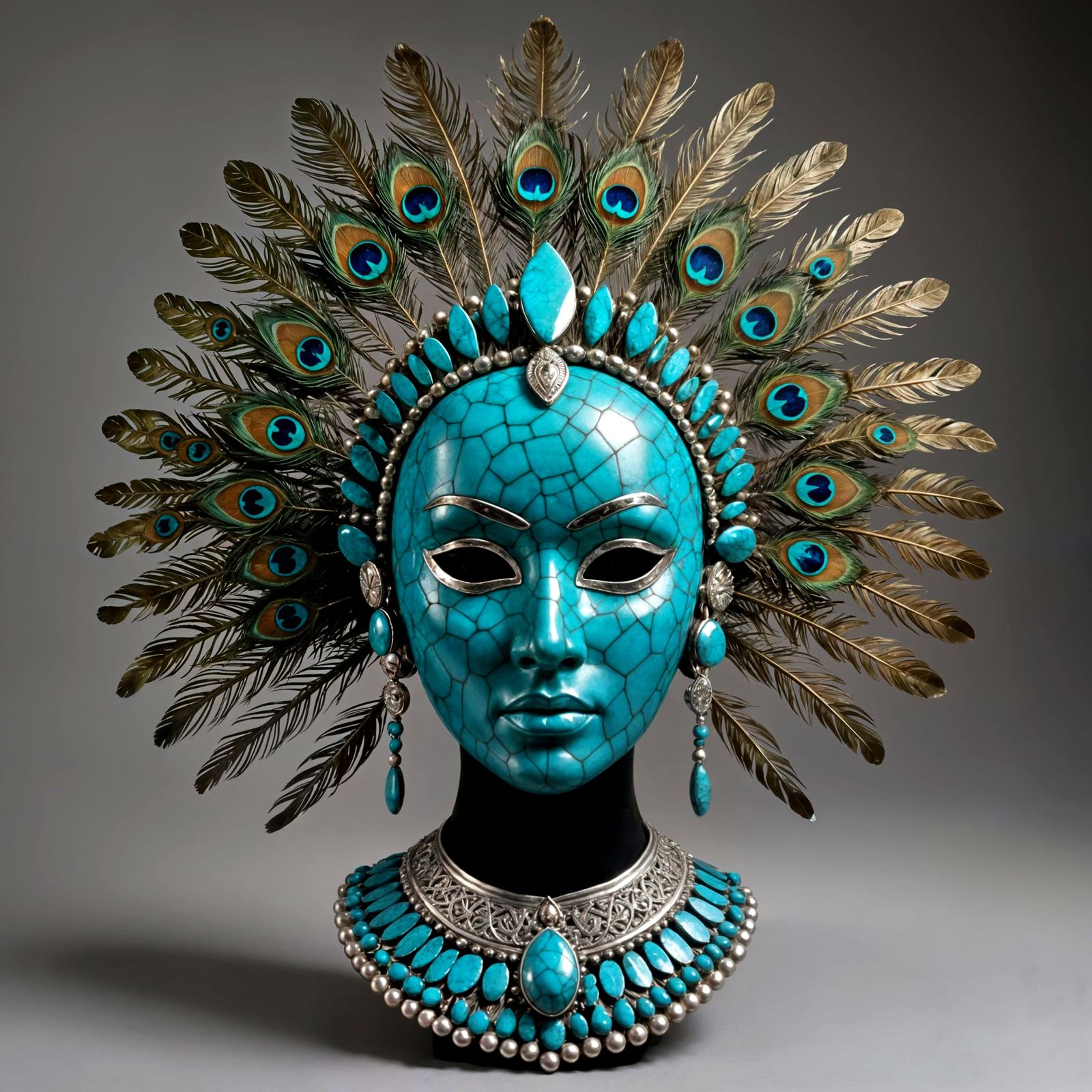 Peacock Feather Headdress and Turquoise Mask