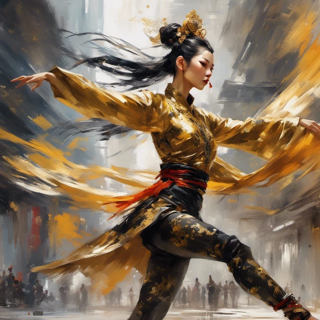 Dynamic Shaolin Warrior Woman in Action