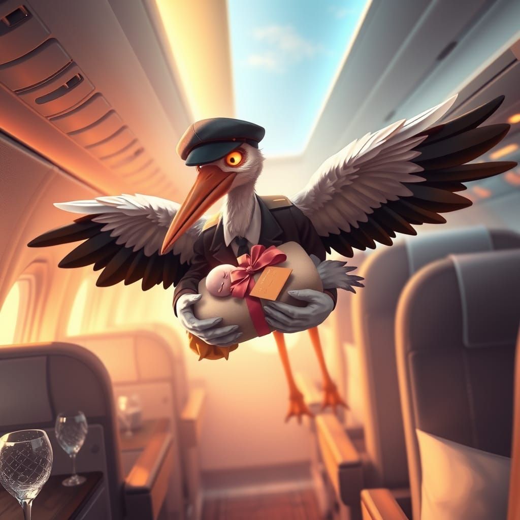 Stork in Airplane's First Class Delivers Precious Bundle