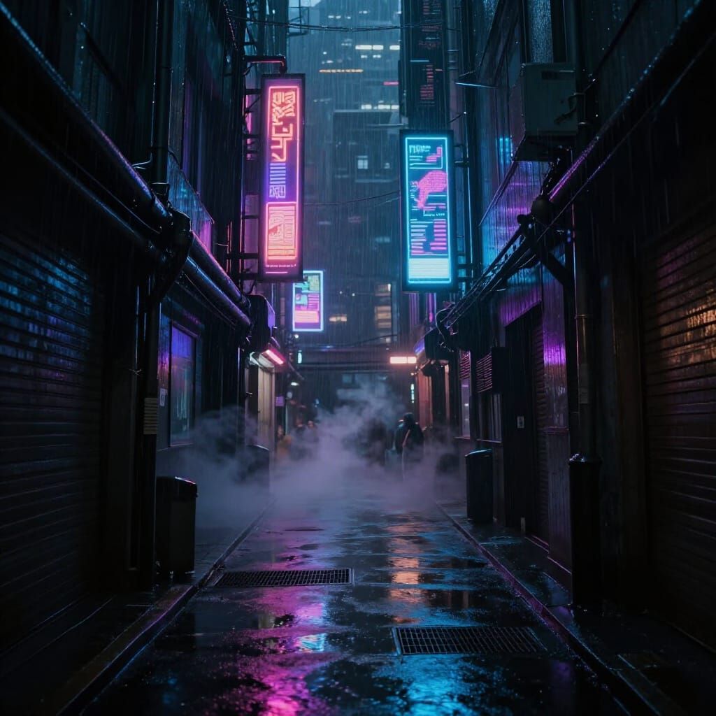 Dark Cyberpunk City Alleyway in Heavy Rain