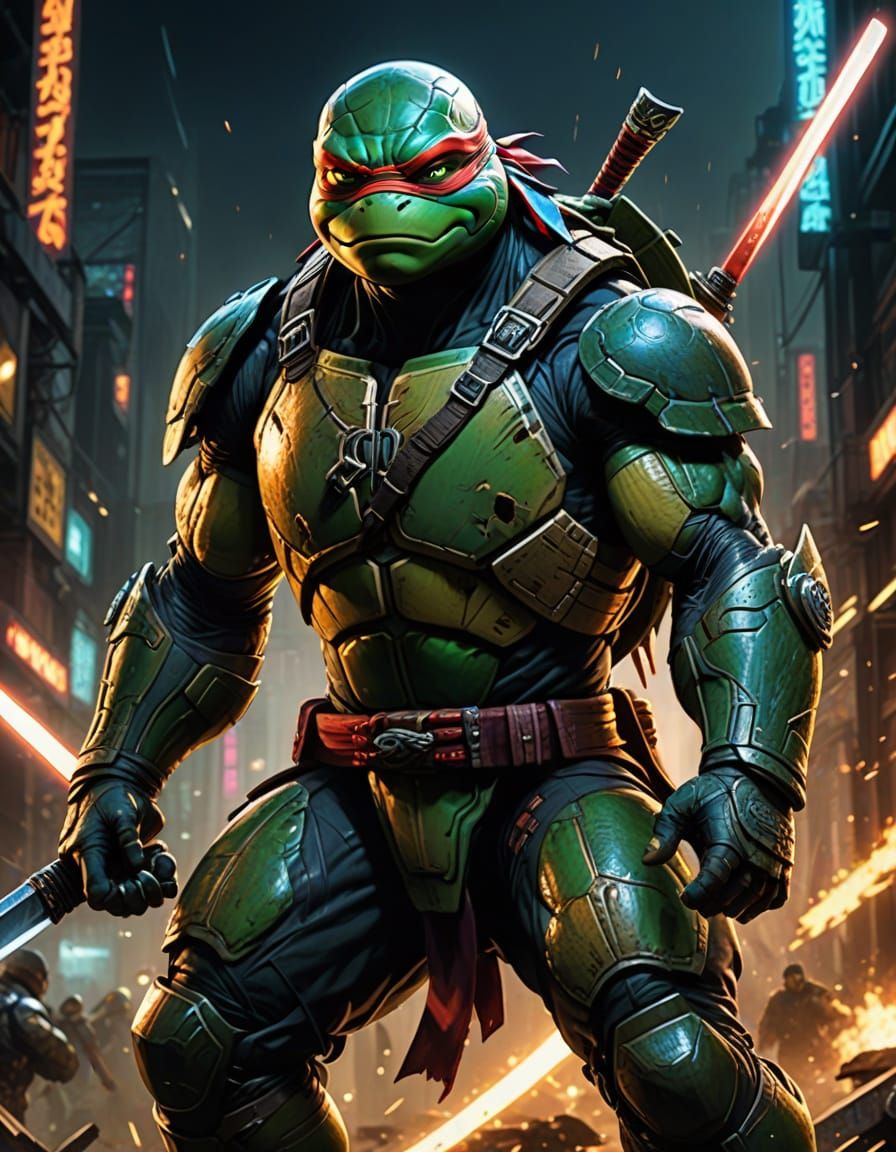 Heroic Ninja Turtle Stands Ready in Epic Cyberpunk Battle