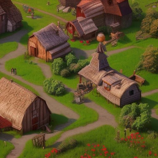 Cozy Farm Village and Town Square in Matte Painting