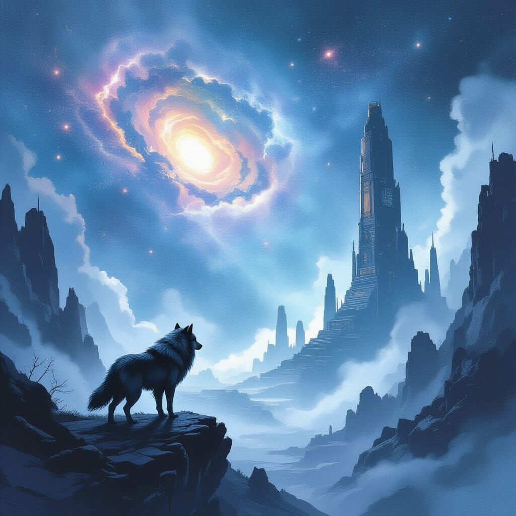 Lone Wolf on Derelict Spaceship Graveyard in Sci-Fi Watercol...