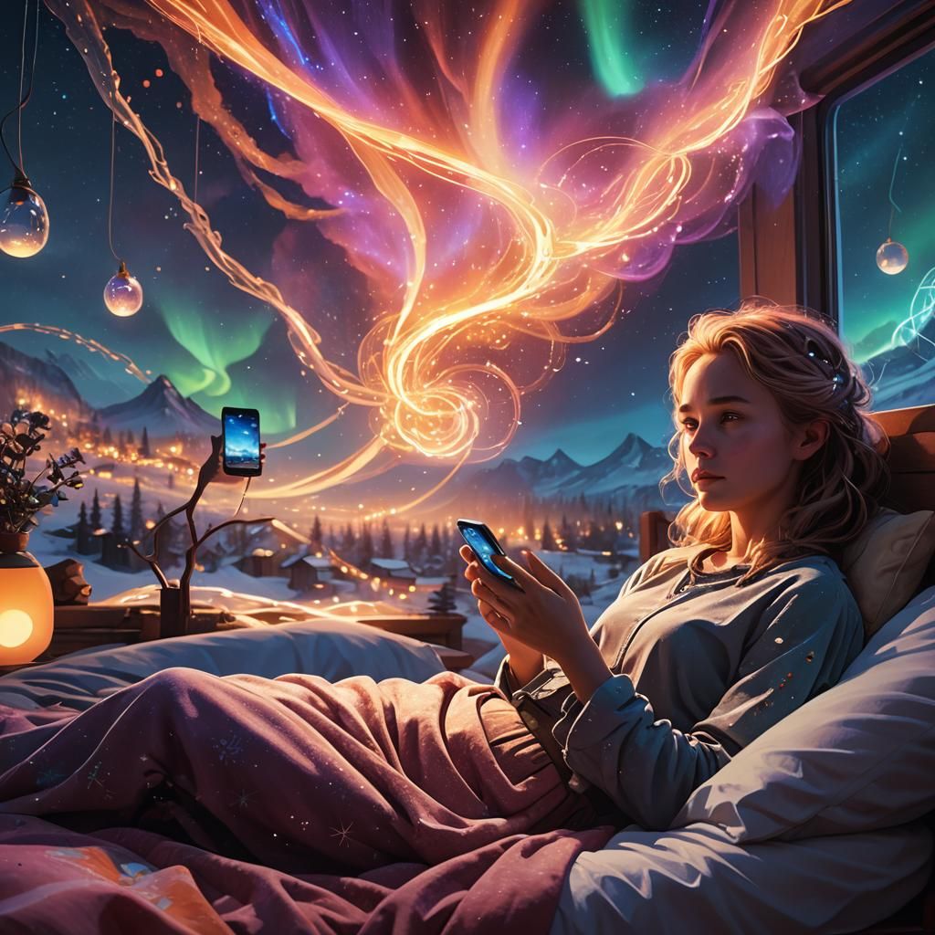 Ethereal Woman Bathed in Aurora Borealis Light