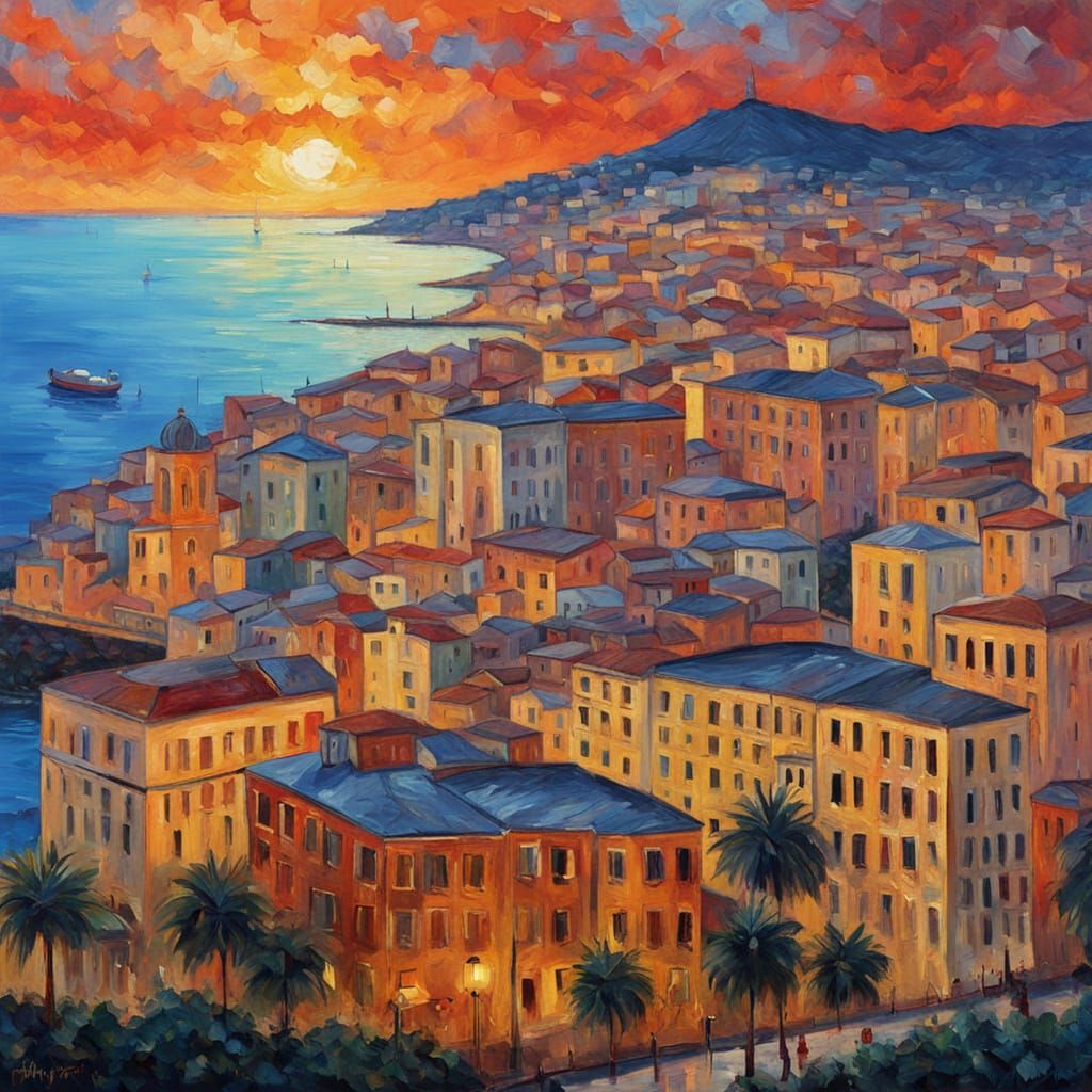 Naples Cityscape in Neo-Impressionist Oil Painting Style