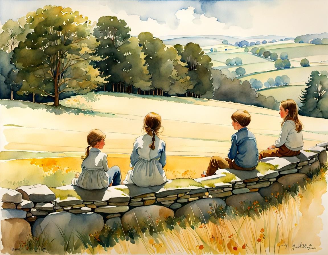 Siblings on Stone Wall in Whimsical Watercolor Landscape