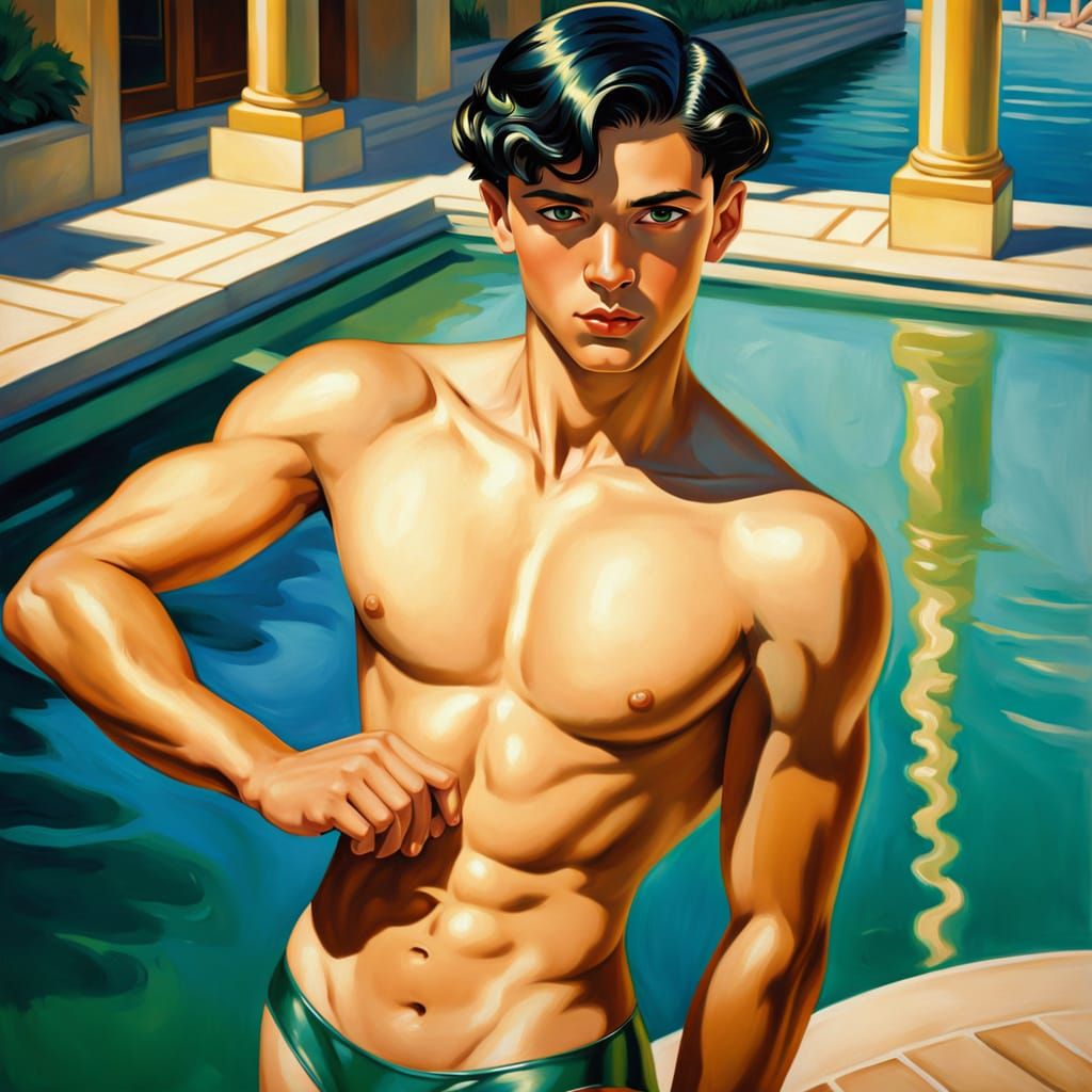 Art Deco Oil Painting: Twink in Blue Speedo