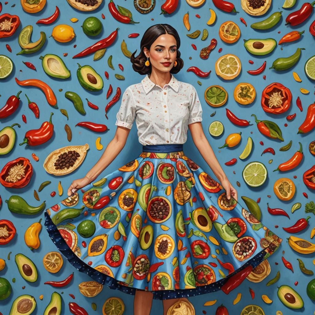 Woman in Food Skirt: Vibrant Mexican Folk Art
