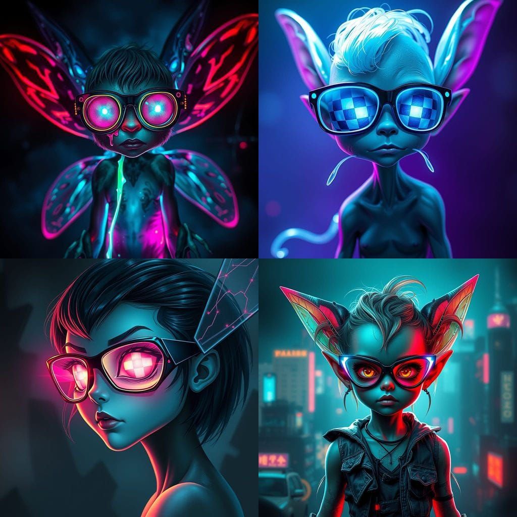 Evil cyberpunk pixie glowing eyes made of neon slime checker pattern in retro futuristic style glasses spotlight back...