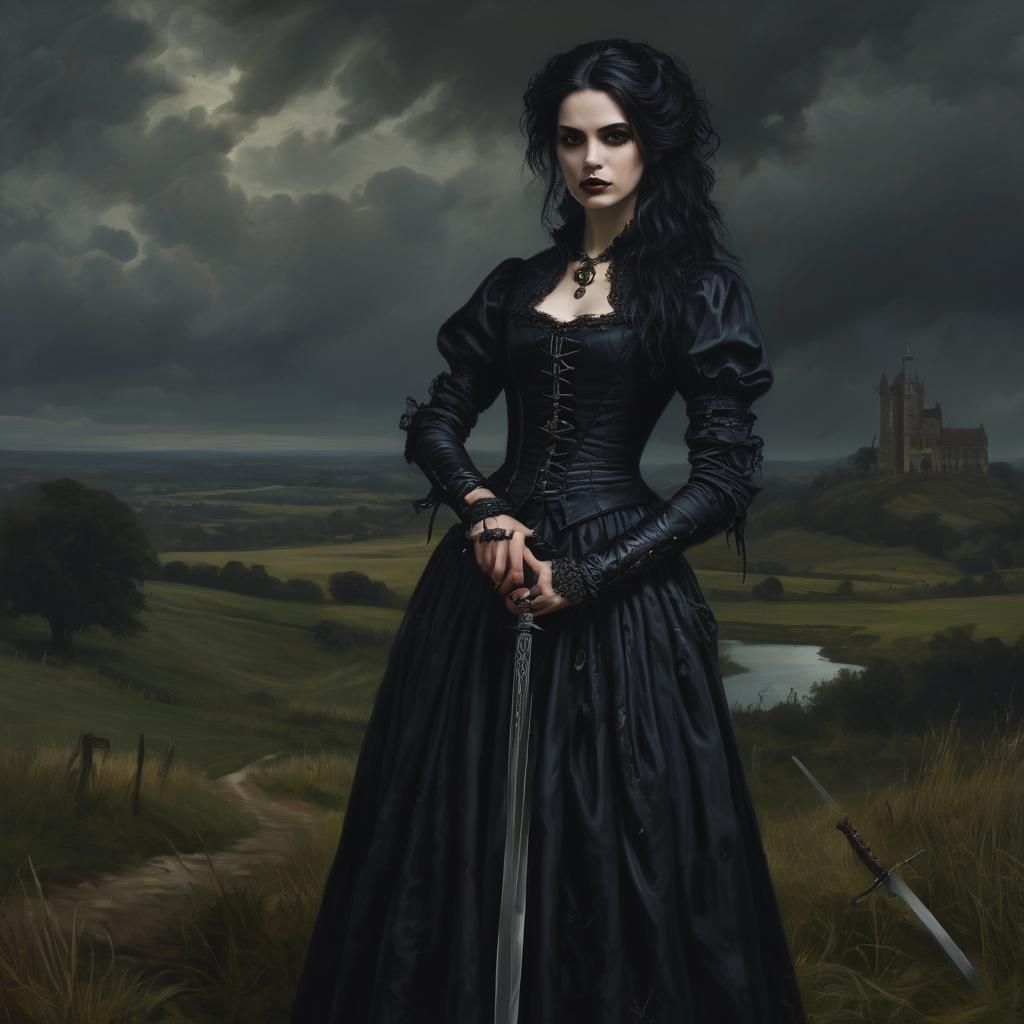 Goth Woman with Sword in Baroque Style Oil Painting