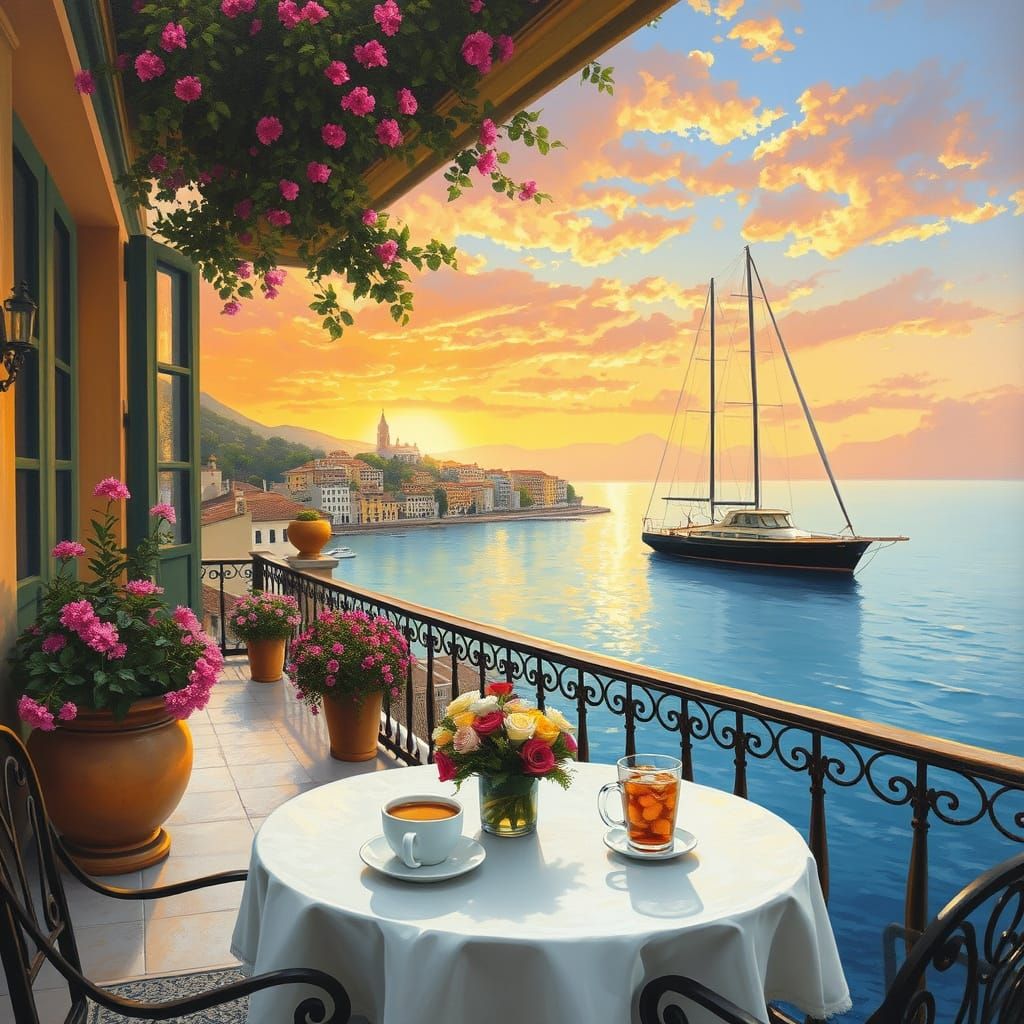 Mediterranean City Sunset Over Coffee on a Balcony
