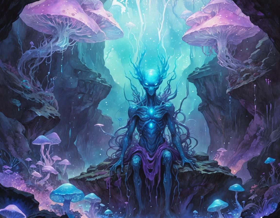 Bioluminescent Alien in Extraterrestrial Cave, Watercolor Ar...