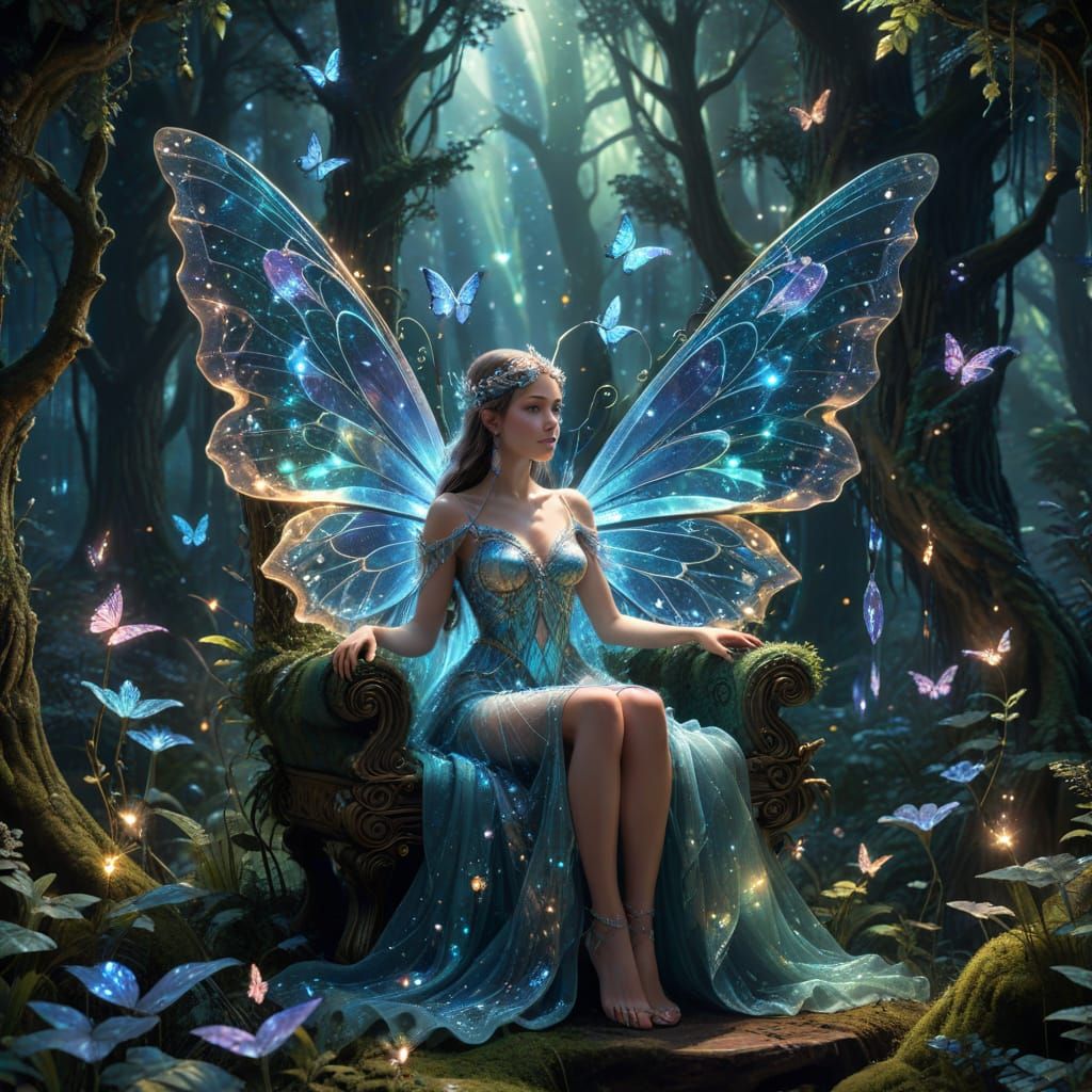 Ethereal Fairy Queen Reigns in Glowing Crystal Throne