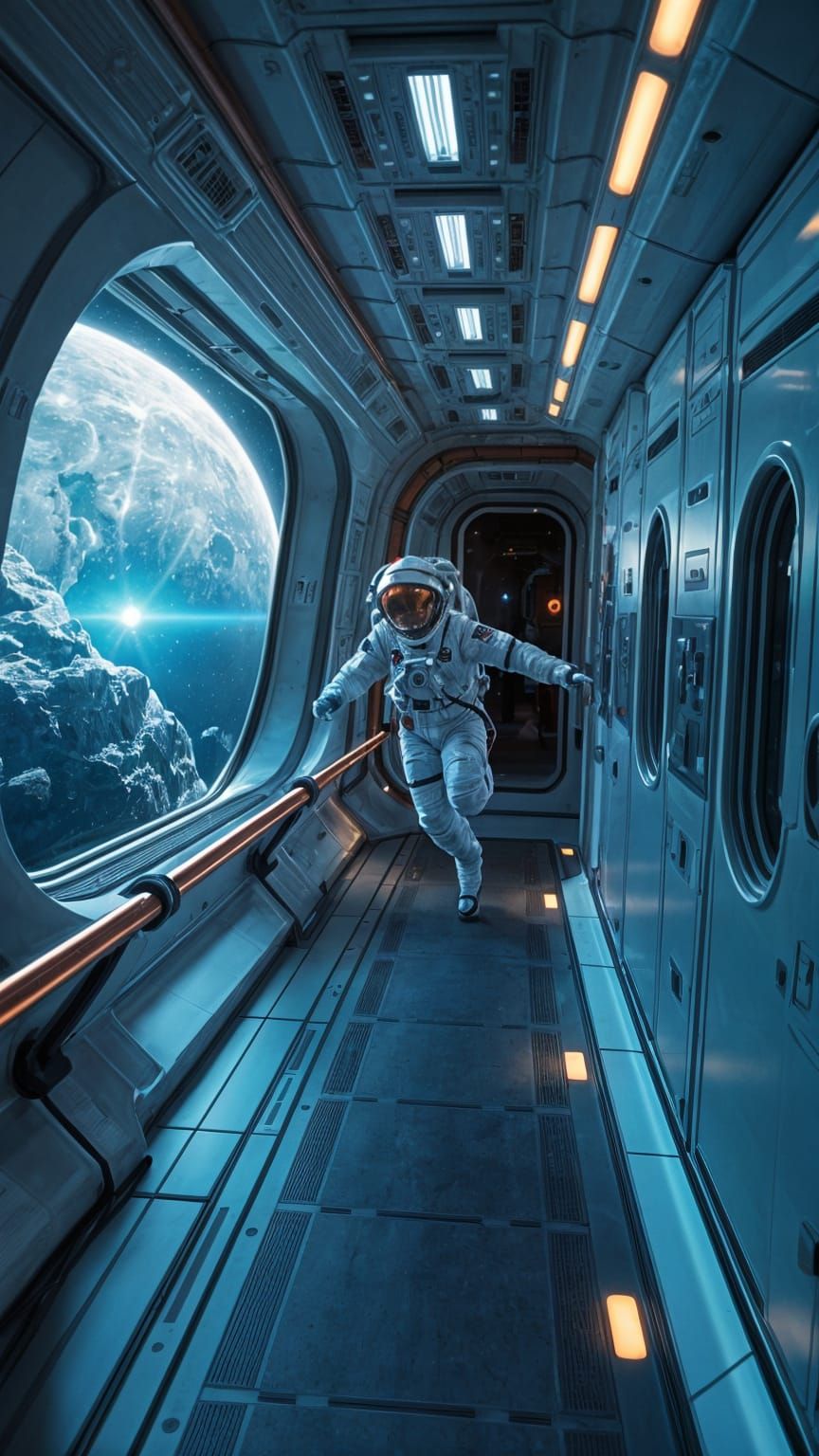 Astronauts Drift Through Sci-Fi Corridor Over Alien World