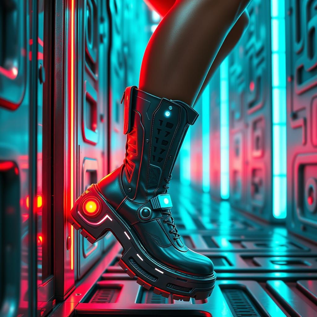 Arcano-Mechanical Boots in Futuristic Cityscape