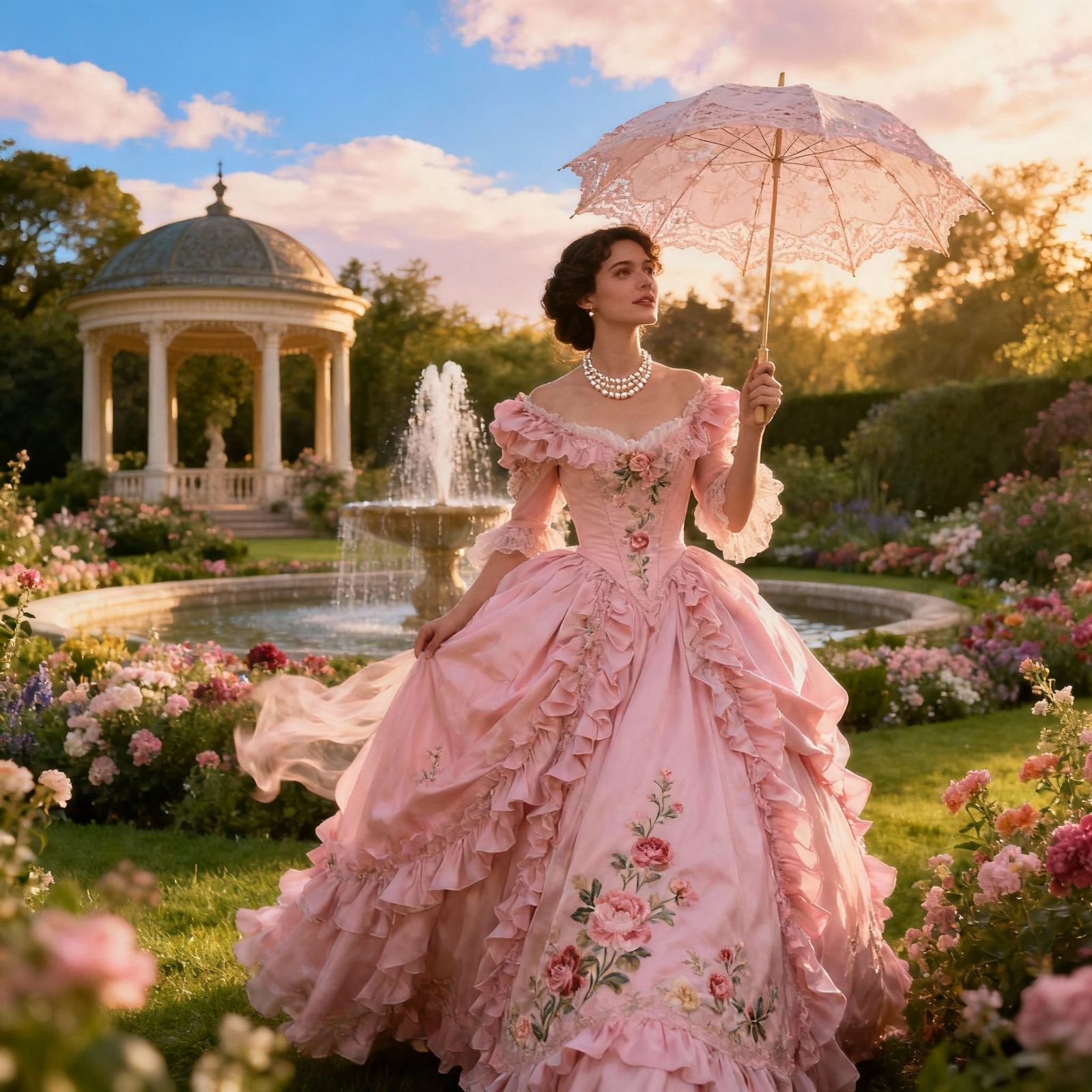 Woman in Pink Gown in Lush Garden with Parasol