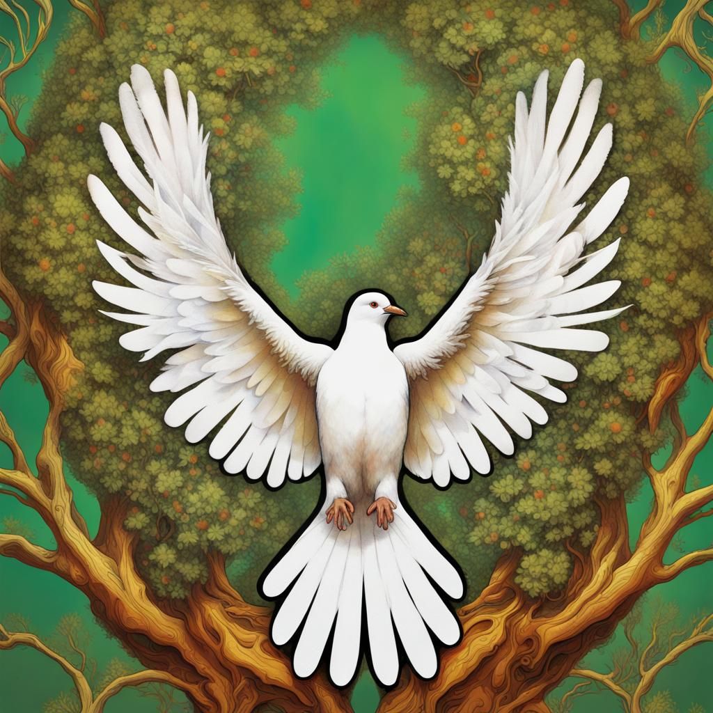 Dove of Peace in Olive Tree, Art Nouveau Style