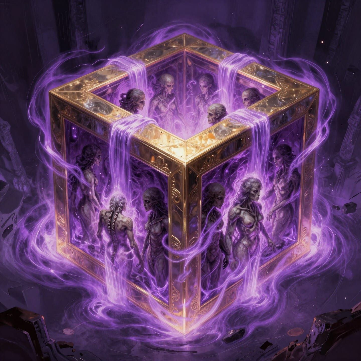 Sacred Cube Capturing Souls in Purple Energy Flow
