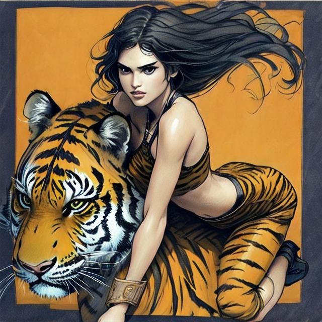 Drawing of Woman Riding a Tiger