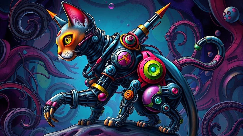 Biomechanical Cat in Sleek Comic Book Art Style