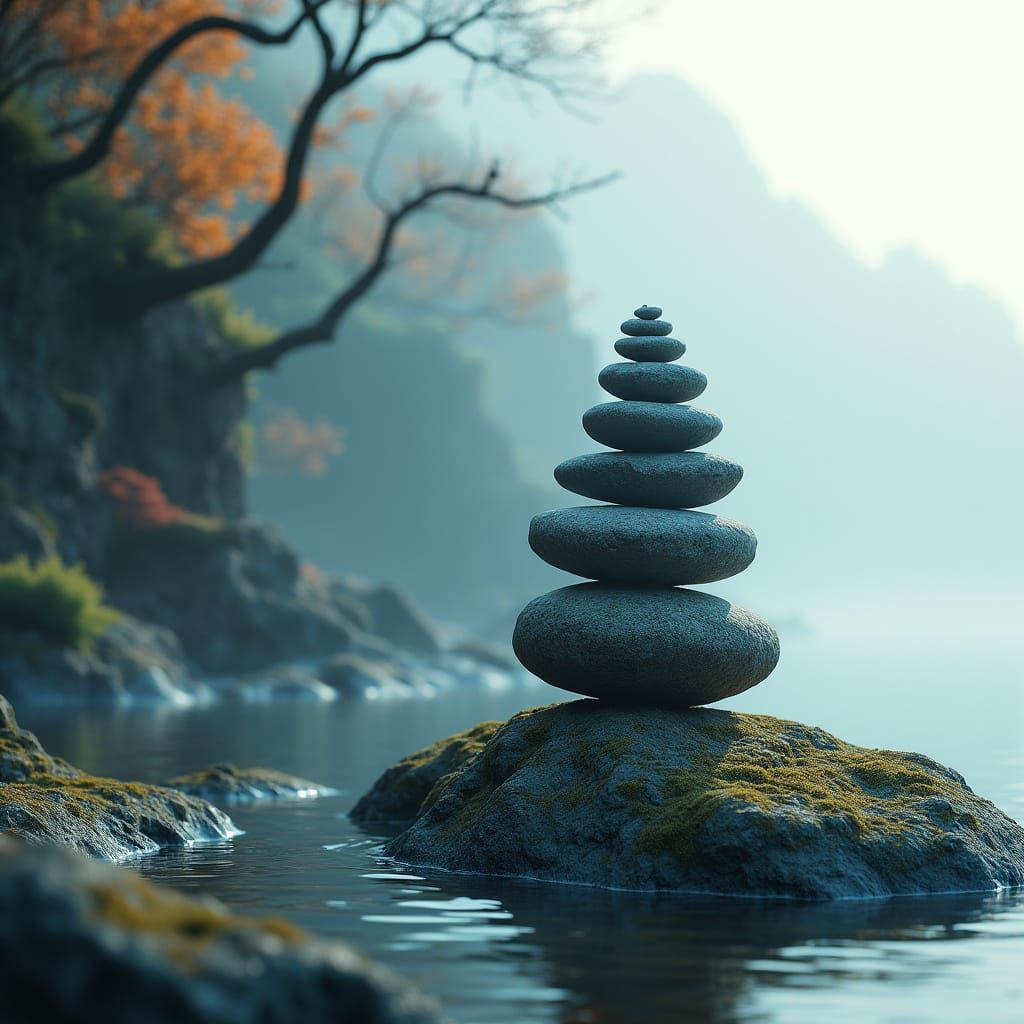 Zen Balance Stones on Oceanic Rockface in Ethereal Dawn Ligh...