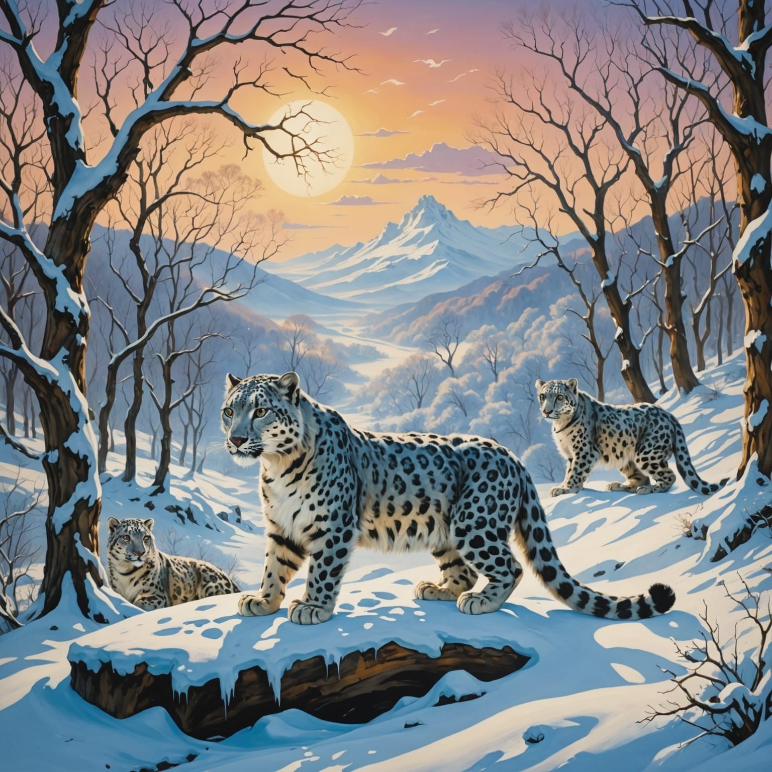 Snow Leopards in a Surrealist Dawn Forest