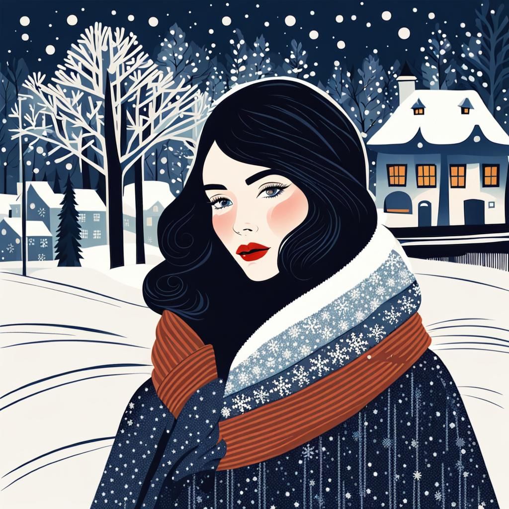 Vintage Portrait of Girl in Winter Village, Erté Style